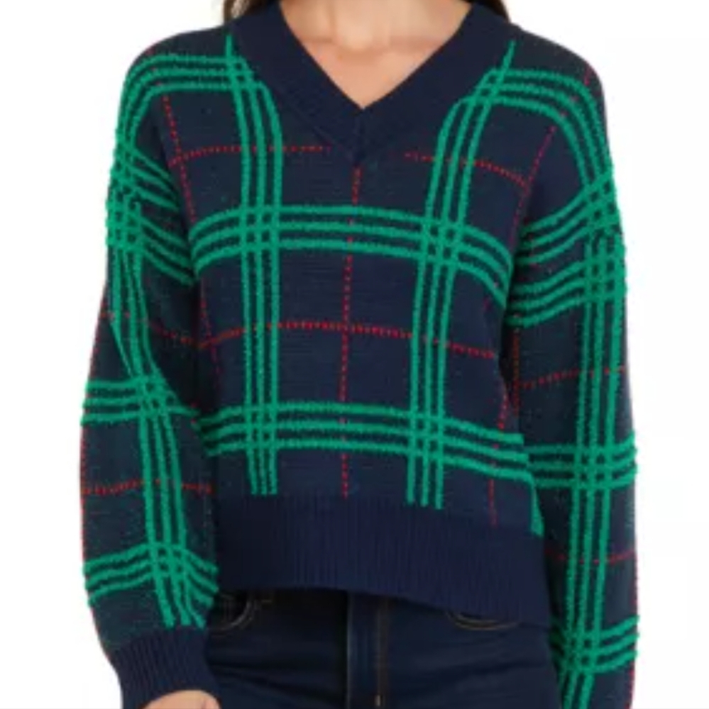 Crown & Ivy V-Neck Plaid Pullover Sweater Women's Size Lg Green Blue Red V-Neck